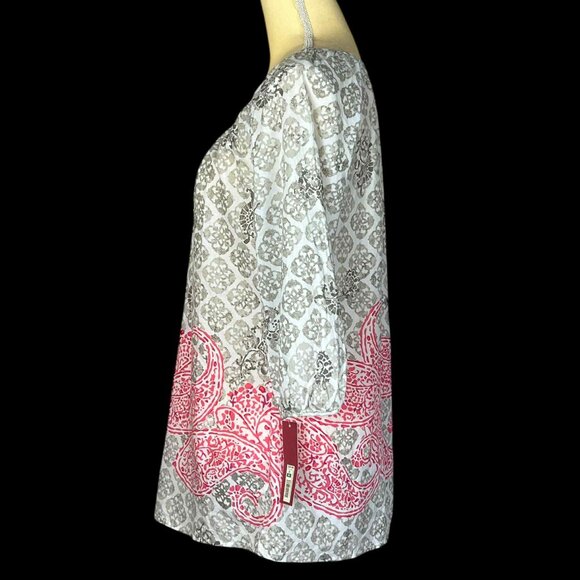 MERONA Women's Blouse 3/4 Sleeve Size Medium 100% Cotton‎ Tunic Gray Pink Casual - Picture 8 of 14